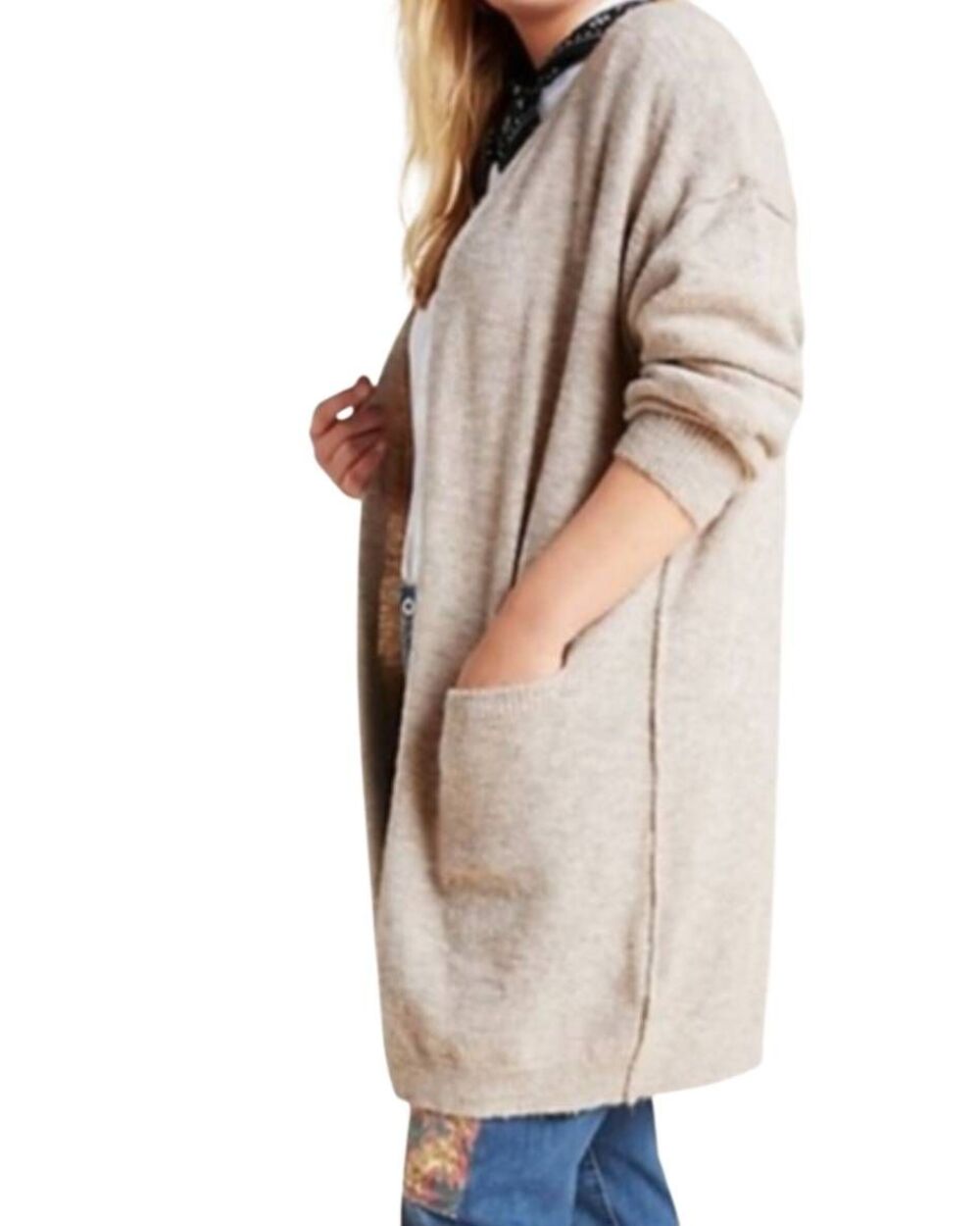 Anthropologie Cardigan Sweater Women's Medium Neutral Beige Open Long Boucle